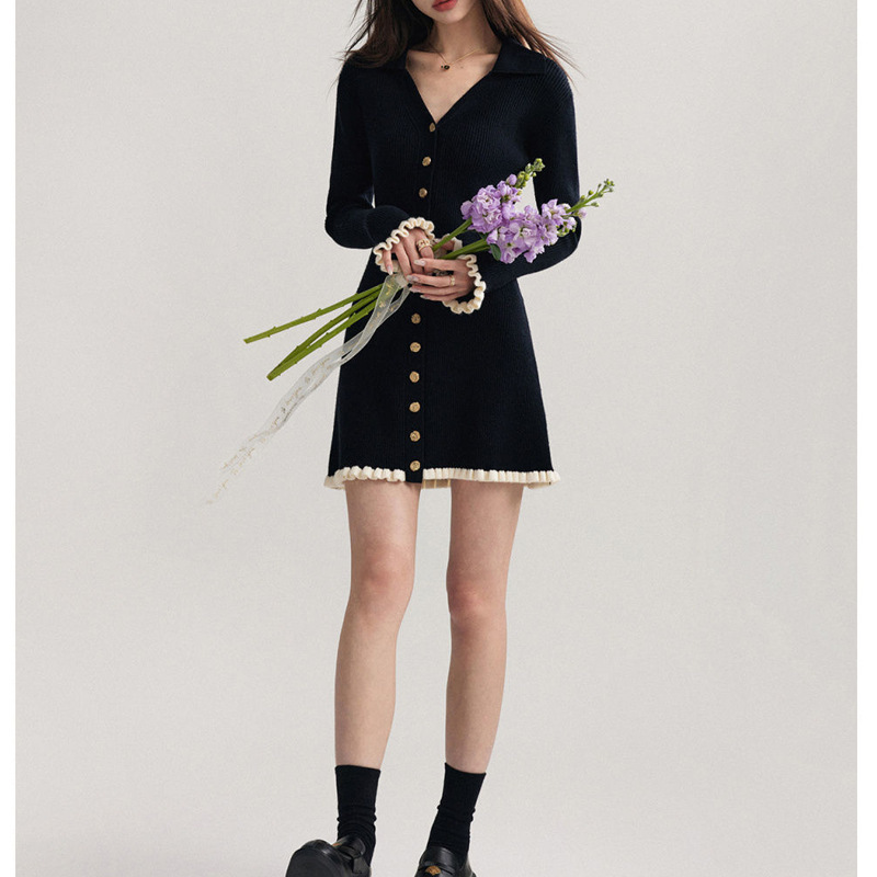 Womens Button-Front Knit Mini Dress Elegant V-neck Slim Long Sleeve Cardigan